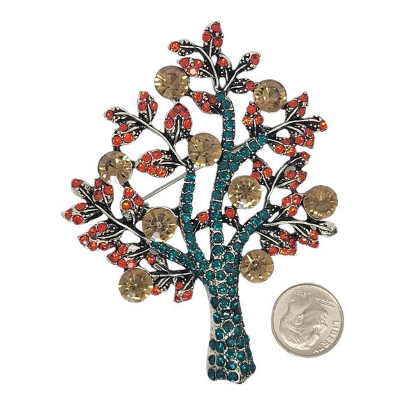 Silvertone Antiqued Fall Leaves Multi-Color Tree of Life Brooch Pin Pendant - Picture 2 of 3